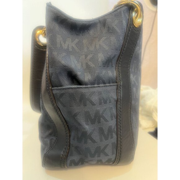 Michael Kors MK Jacquard Canvas Leather Large Drawstring Shoulder Tote Bag Purse - Picture 12 of 13